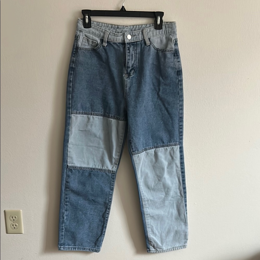 Patchwork High 90's Rise Retro Two-Tone Denim Zip Front Jeans